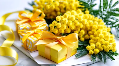 Yellow Gift Boxes With Mimosa Flowers