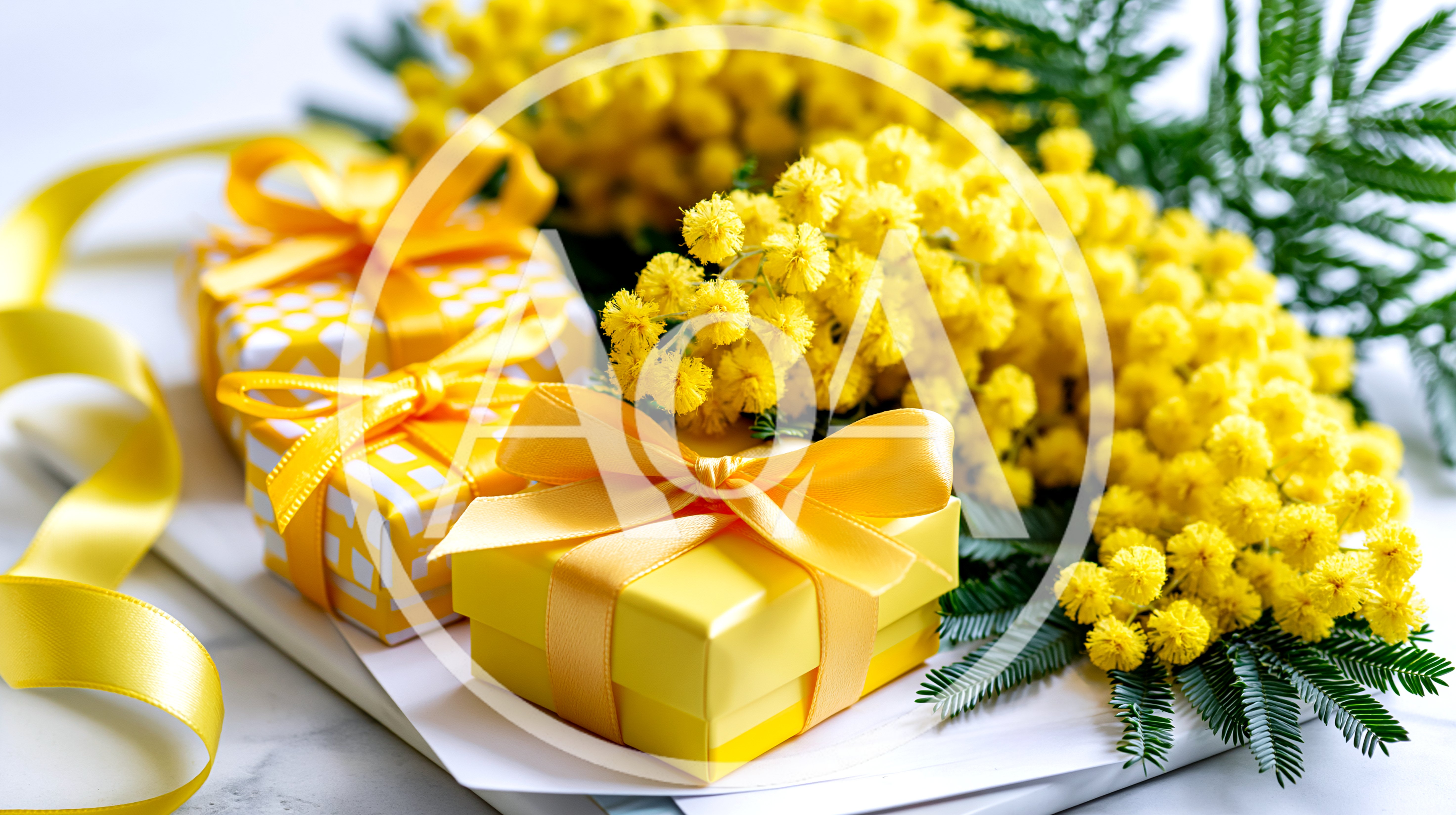 Yellow Gift Boxes With Mimosa Flowers