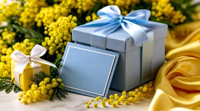 Blue Gift Box With Mimosa Flowers And Greeting Card