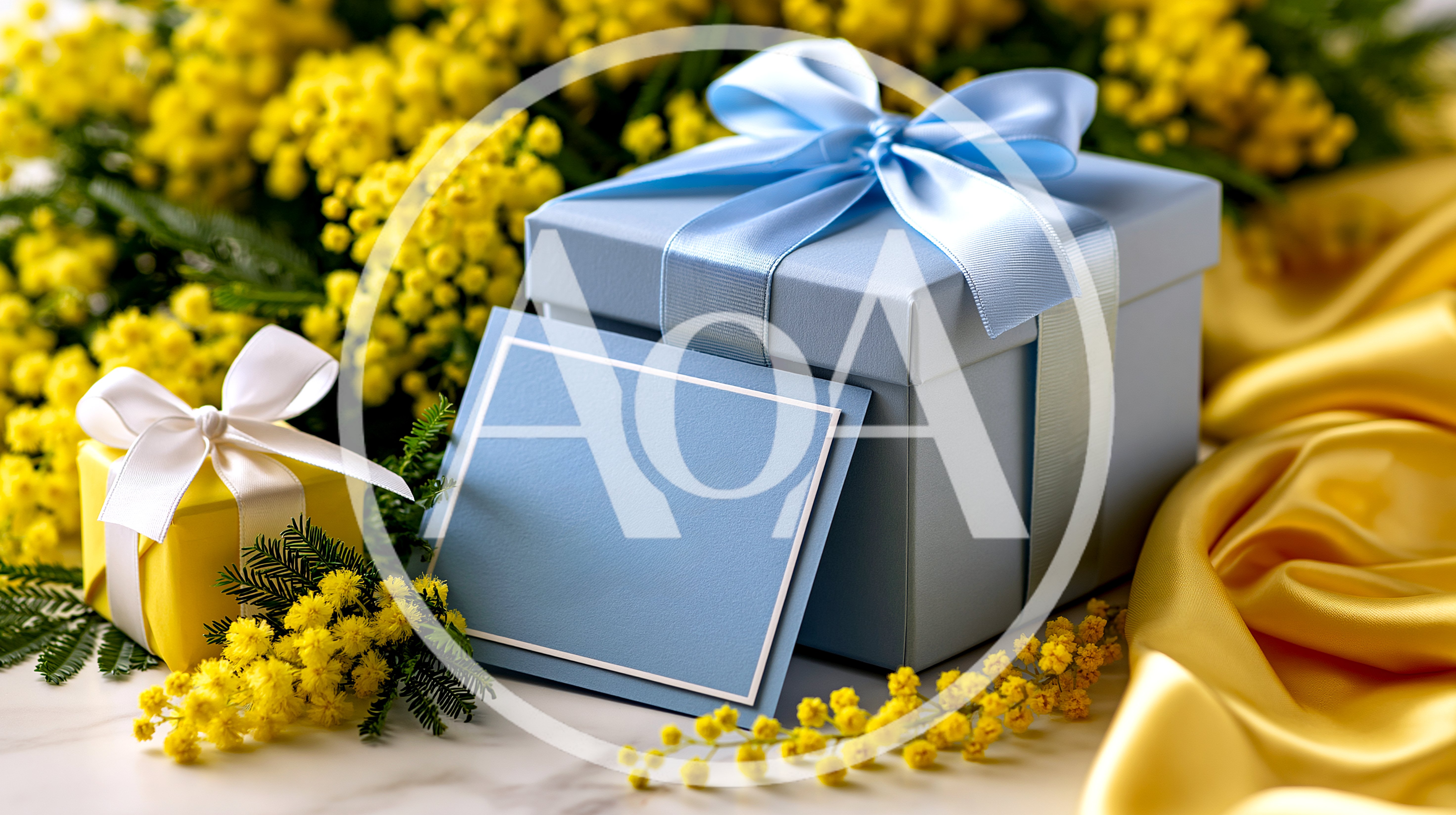 Blue Gift Box With Mimosa Flowers And Greeting Card