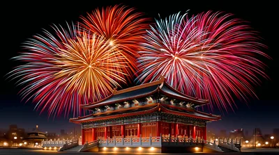 Traditional Chinese Palace With Vibrant Fireworks Display