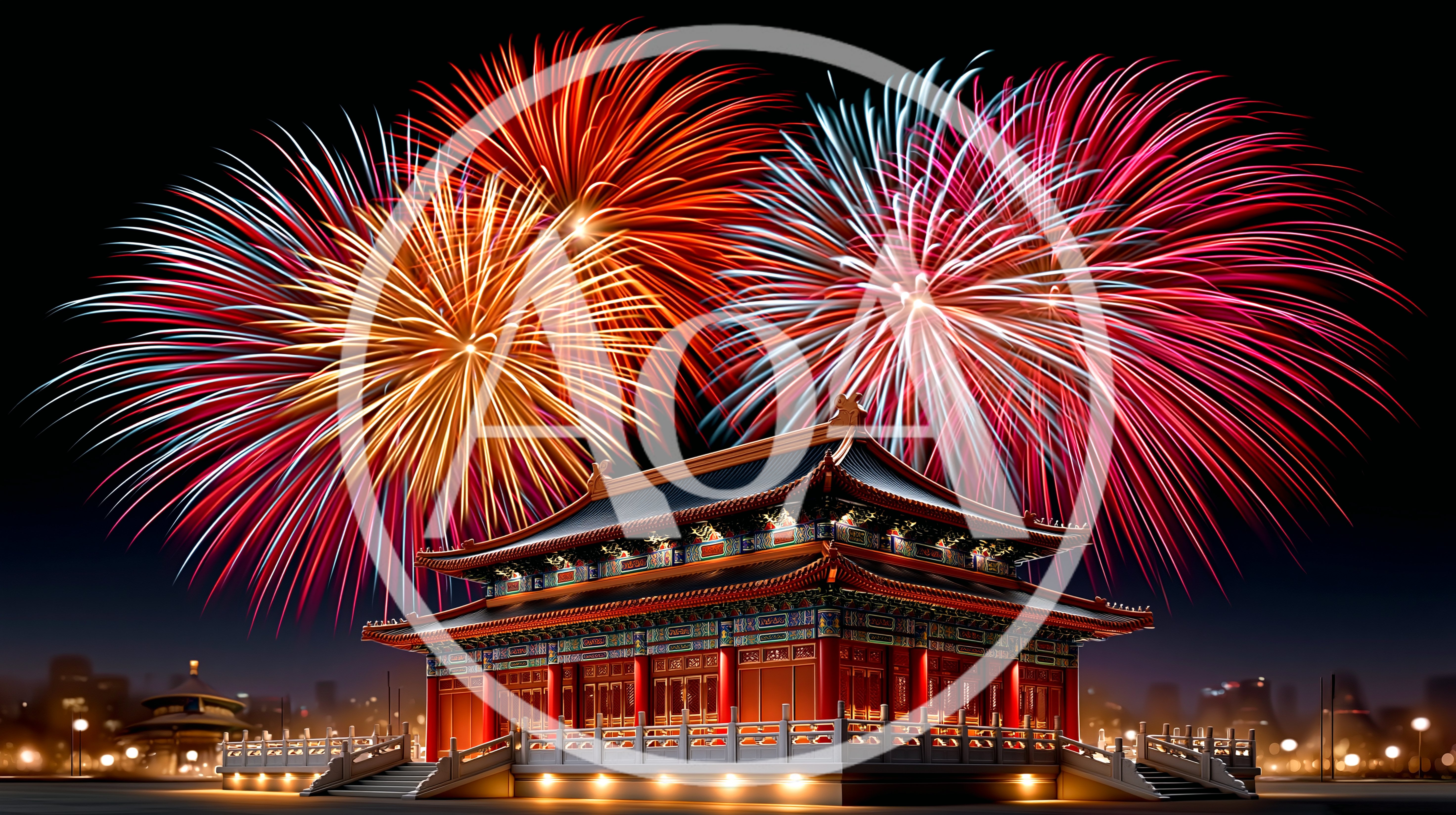 Traditional Chinese Palace With Vibrant Fireworks Display