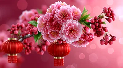 Chinese New Year Lanterns With Blooming Cherry Blossoms