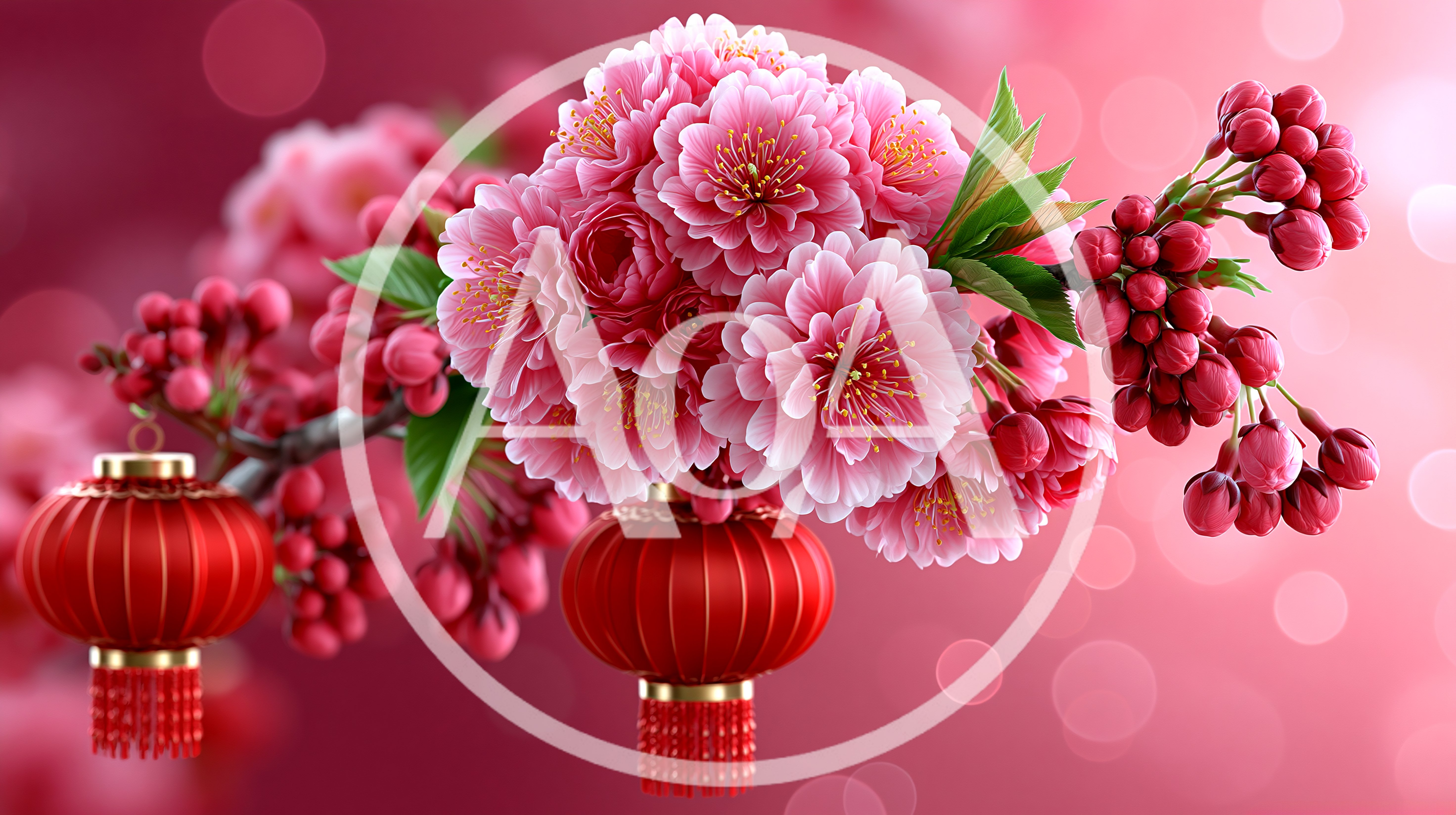 Chinese New Year Lanterns With Blooming Cherry Blossoms