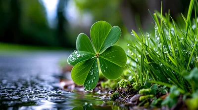 Four Leaf Clover With Dew Drops Near Puddle