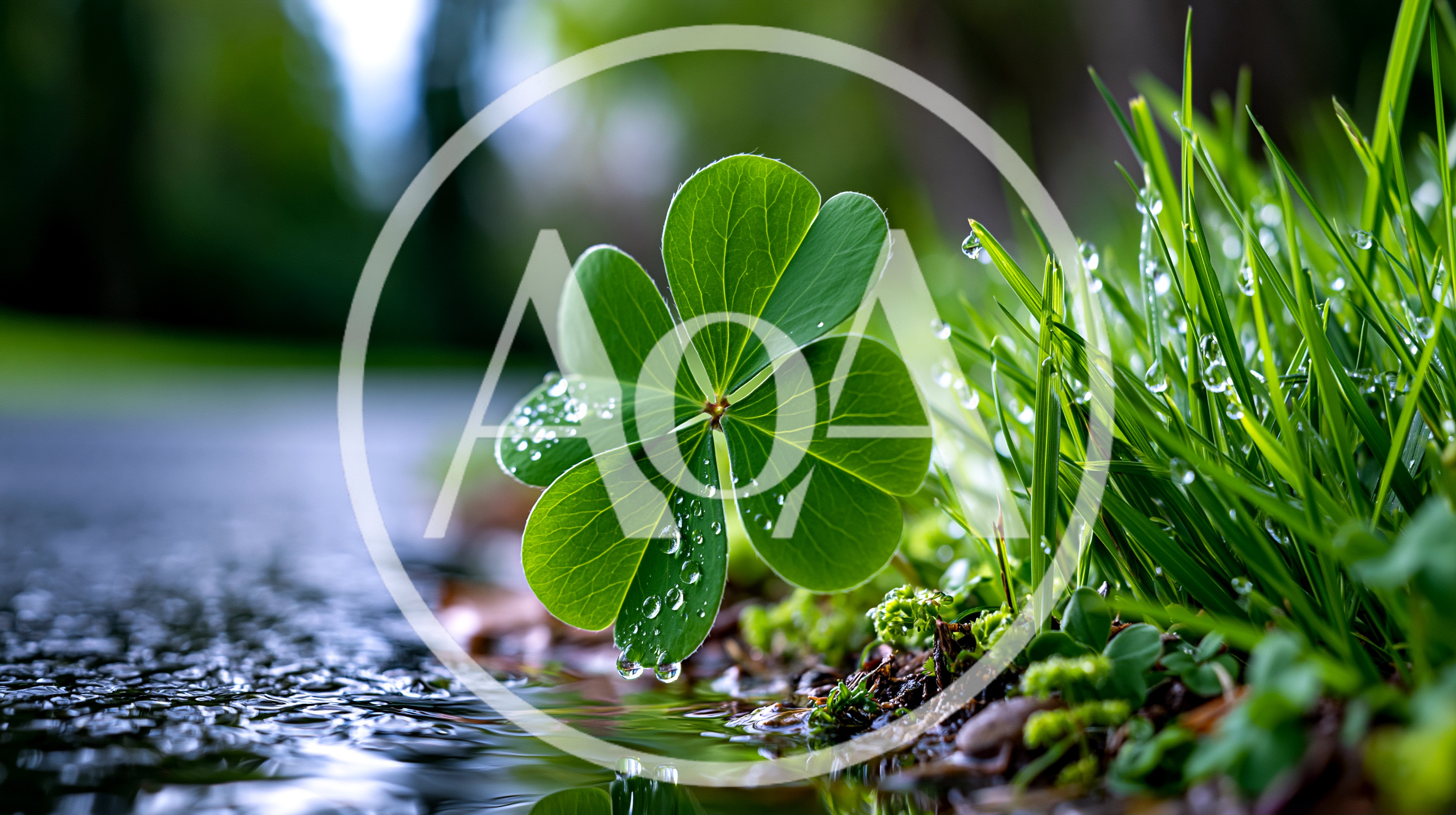 Four Leaf Clover With Dew Drops Near Puddle
