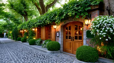 Charming European Style Restaurant Exterior With Cobblestone Path