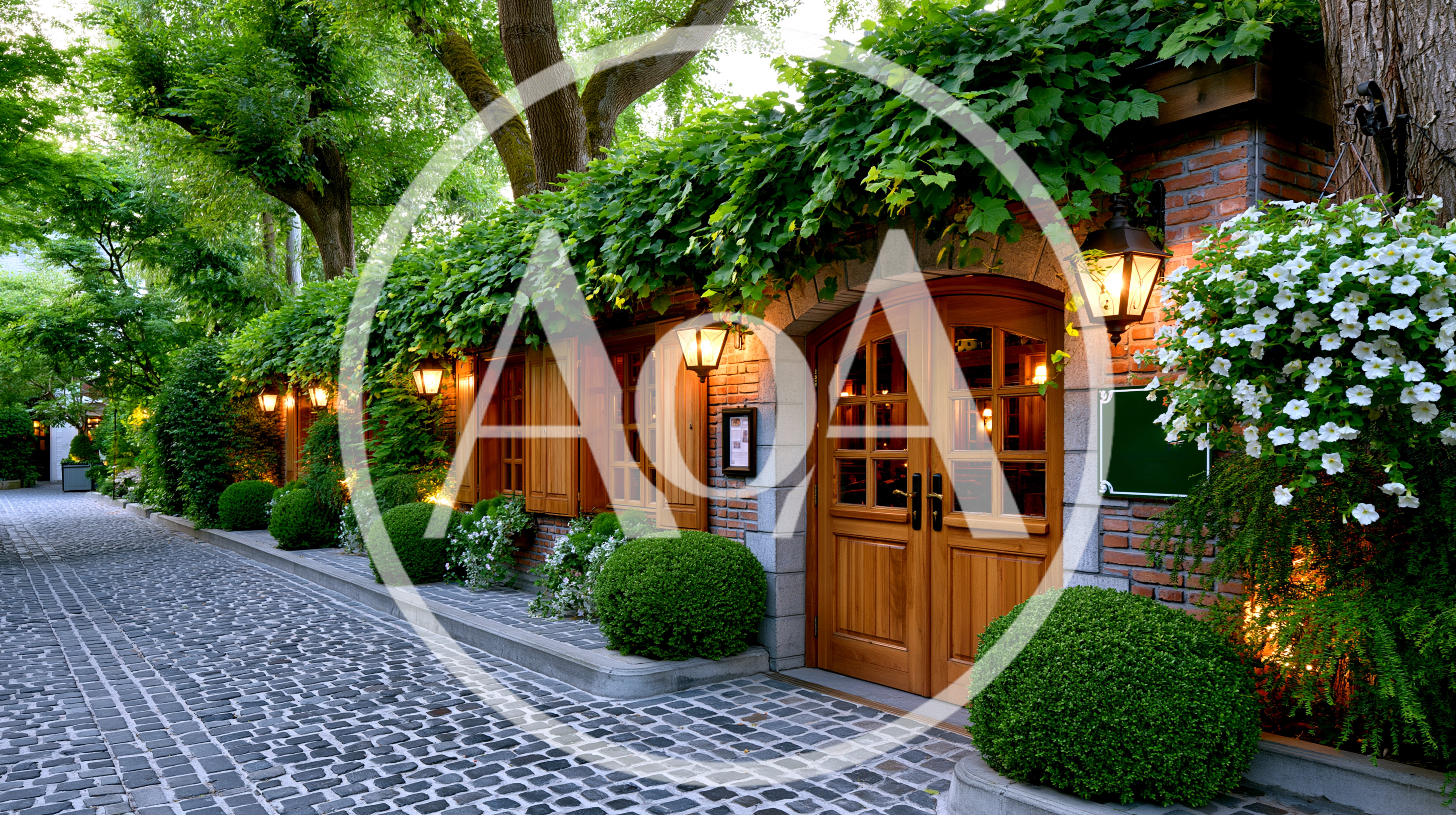 Charming European Style Restaurant Exterior With Cobblestone Path