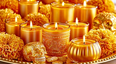 Golden Candles And Marigold Flowers For Dia De Los Muertos