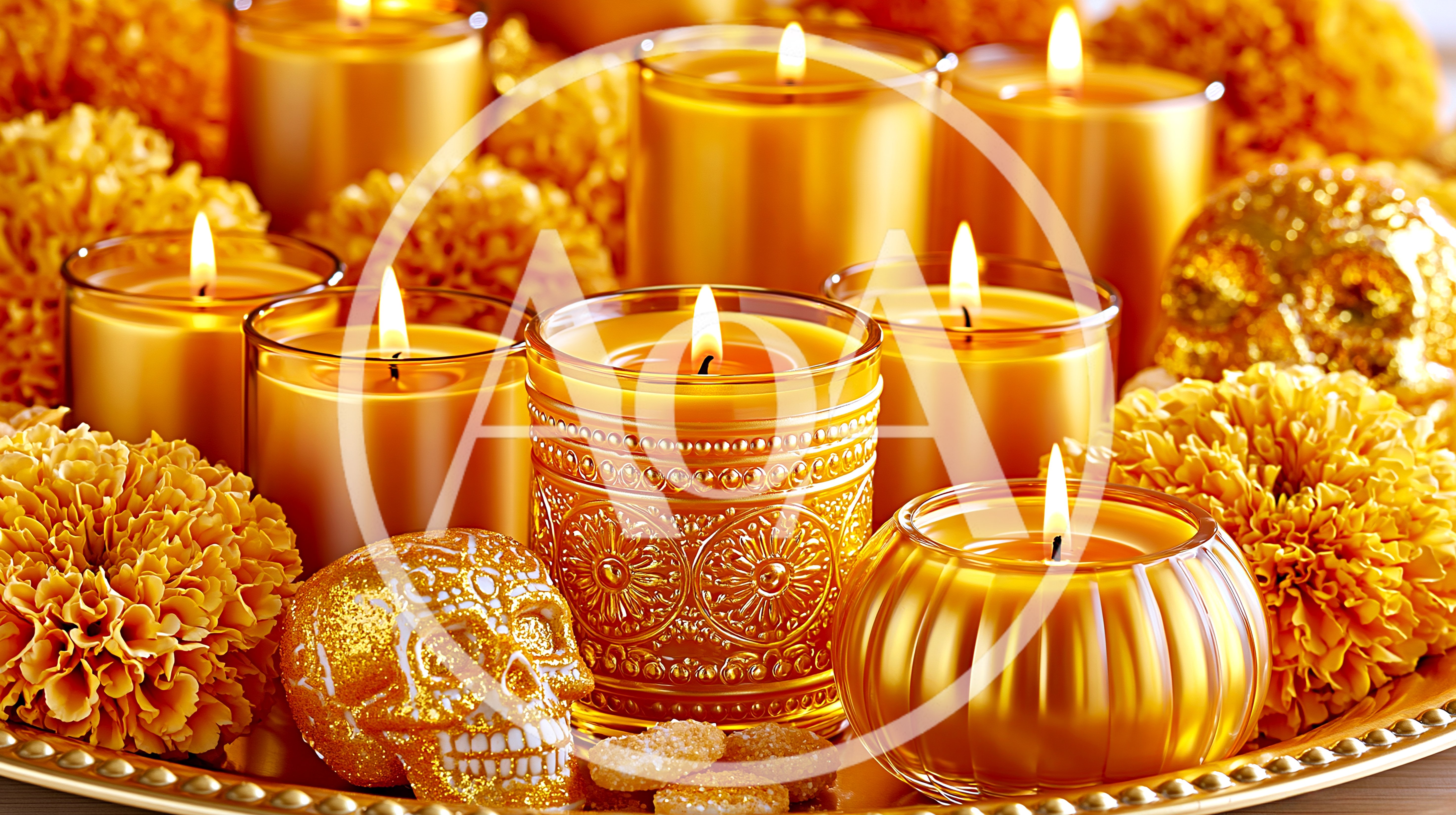 Golden Candles And Marigold Flowers For Dia De Los Muertos