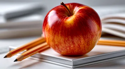 Red Apple Resting On A Notebook With Pencils