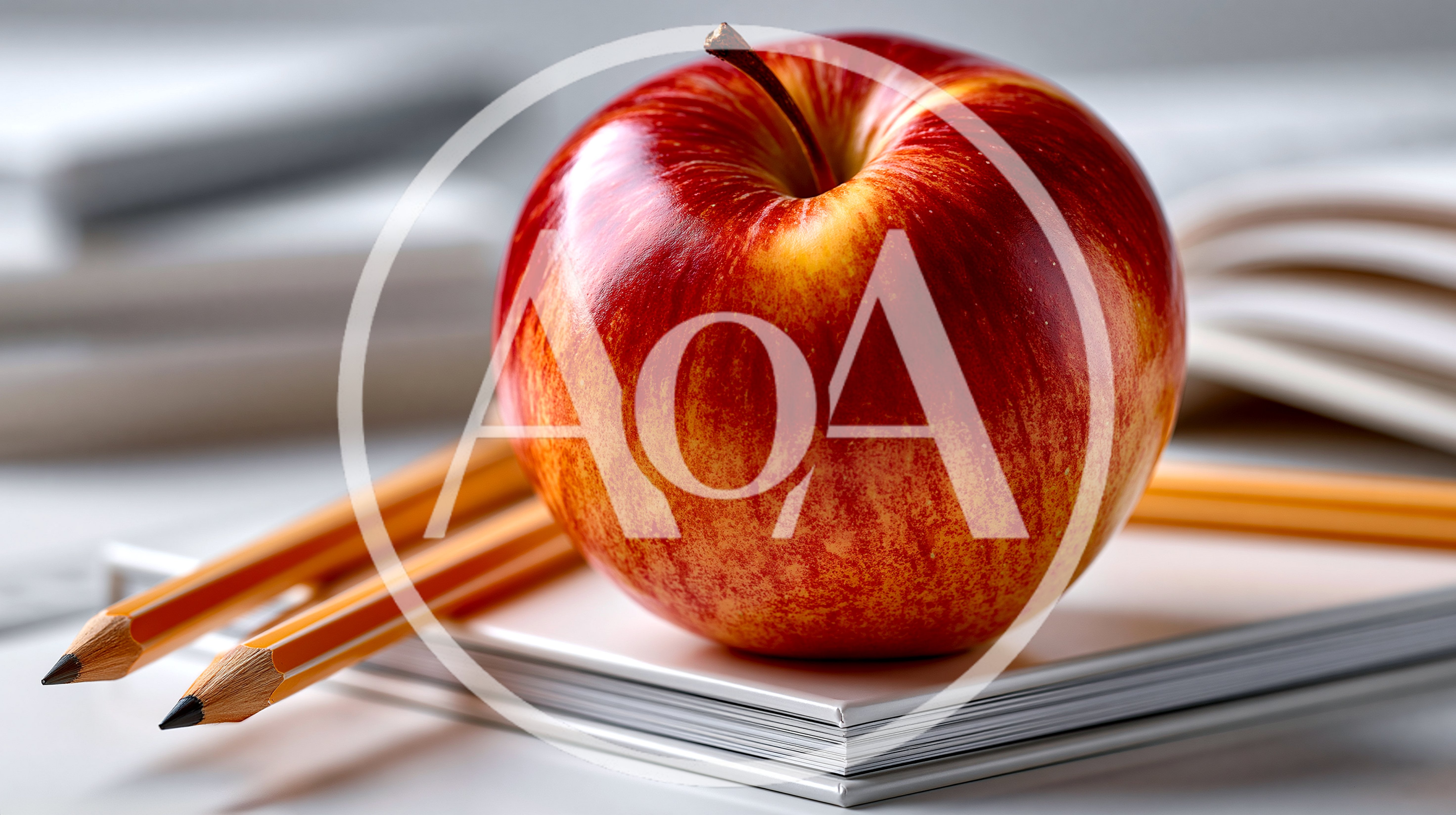 Red Apple Resting On A Notebook With Pencils