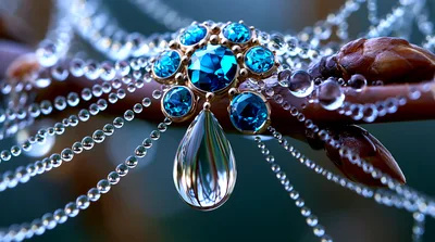 Jeweled Pendant Hanging From A Dewy Spider Web