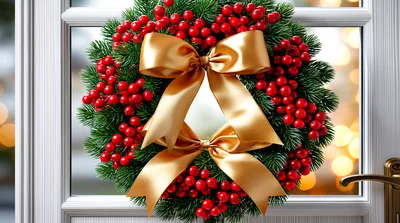Christmas Wreath With Gold Bow On Glass Door