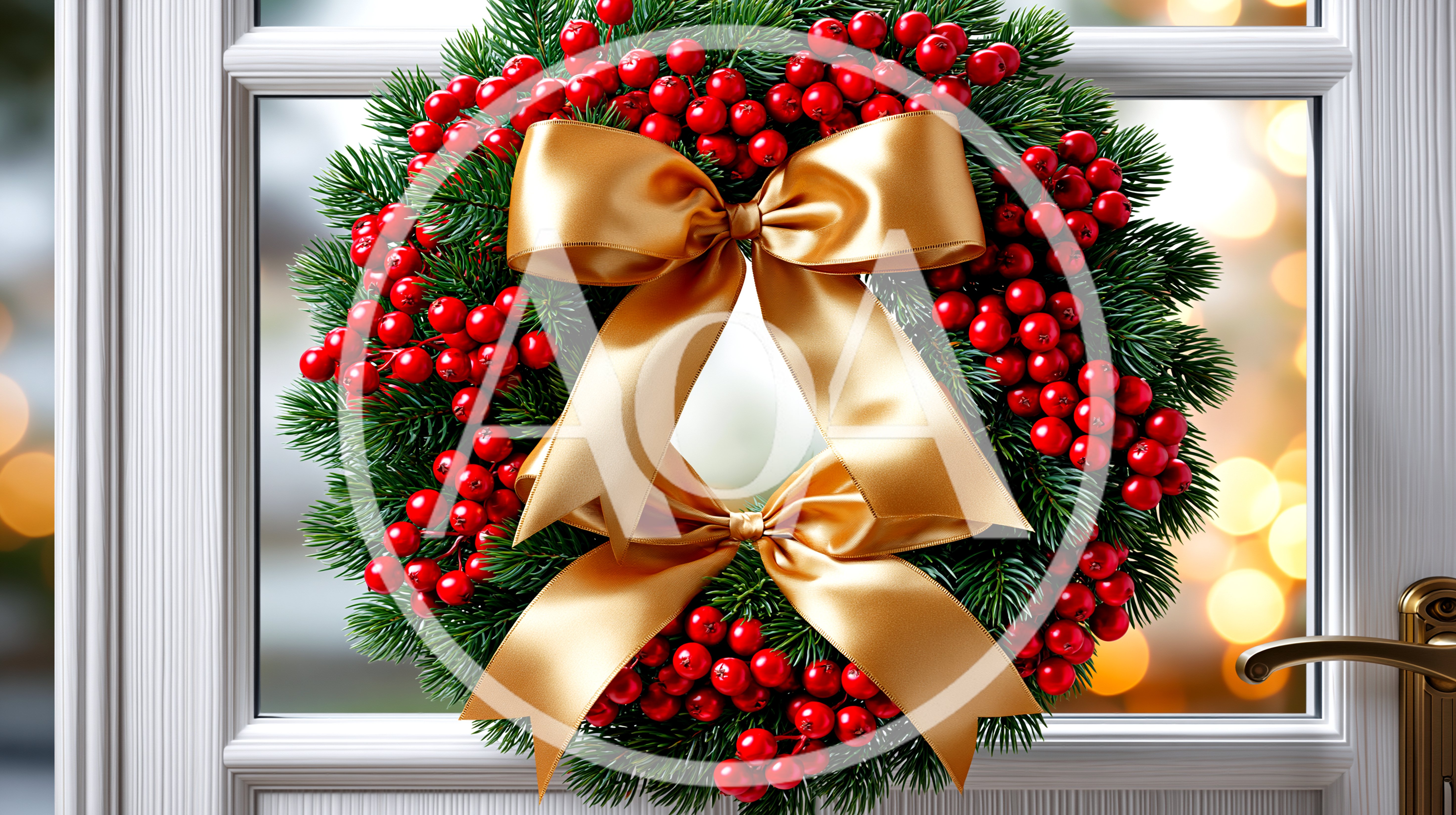 Christmas Wreath With Gold Bow On Glass Door