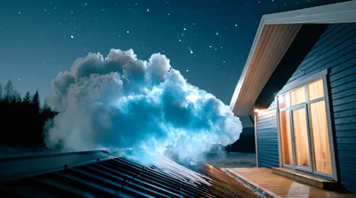 Thick Steam Rising From A Snowy Cabin Roof