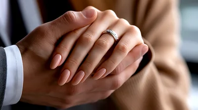 Close Up Of A Couple Holding Hands With Wedding Ring