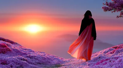 Woman Standing On A Hillside Of Pink Flowers At Sunset