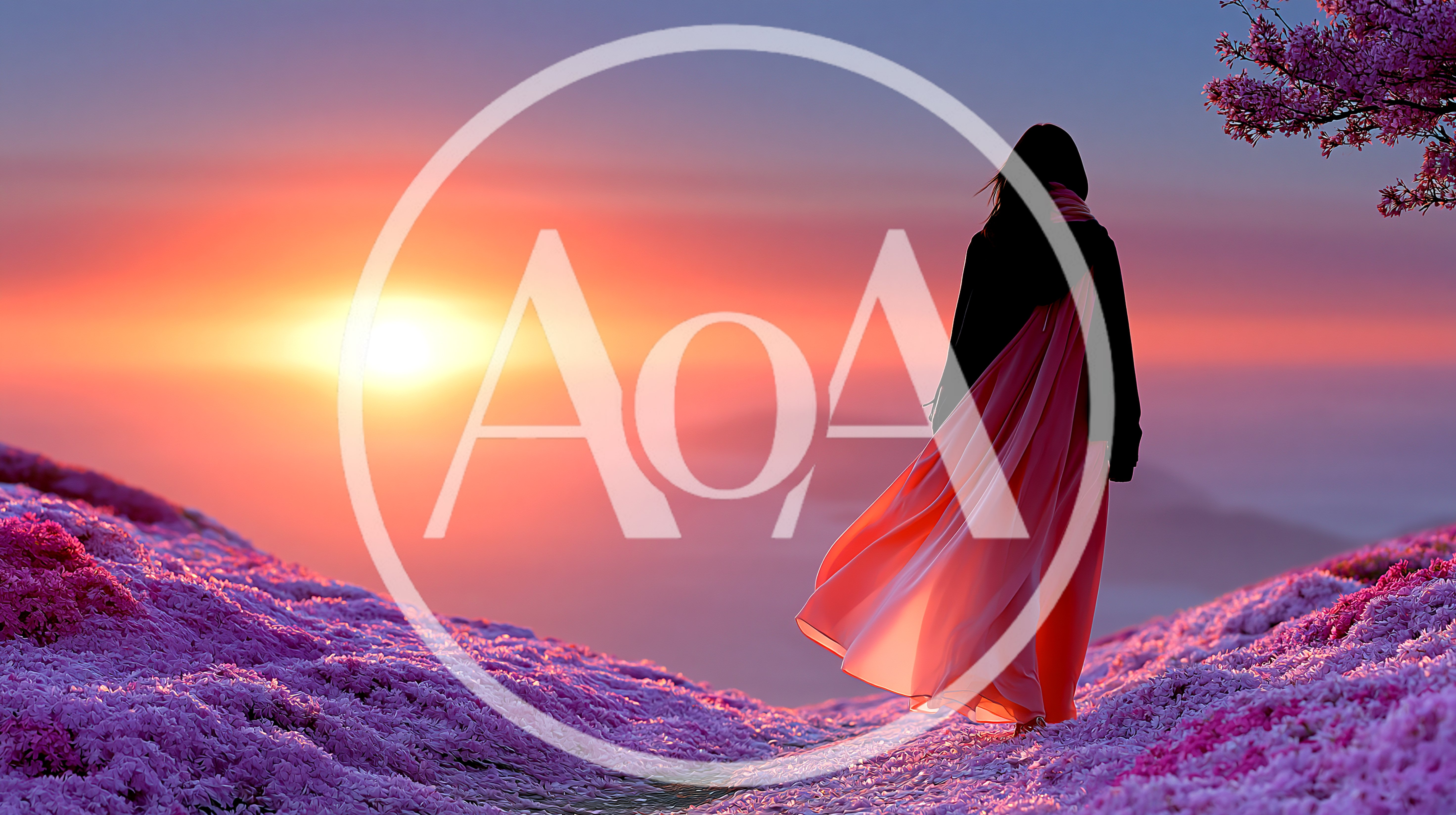 Woman Standing On A Hillside Of Pink Flowers At Sunset