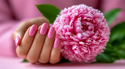 Hand With Pink Manicure Beside A Peony Flower