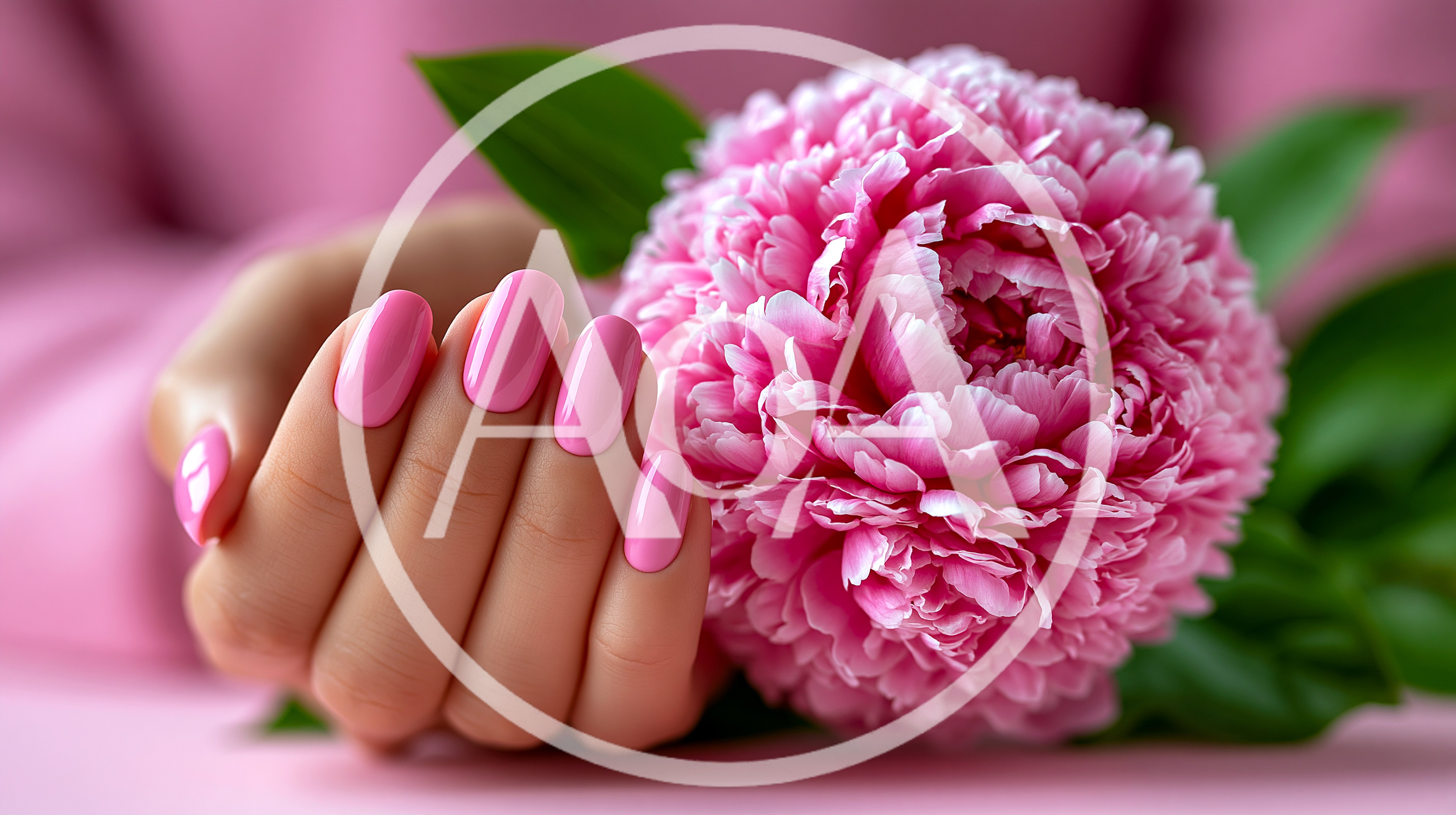 Hand With Pink Manicure Beside A Peony Flower