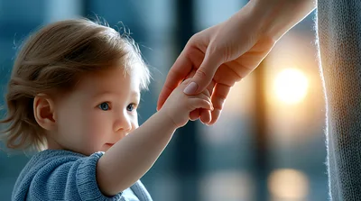 Toddler Holding Hands With Parent In Soft Sunlight