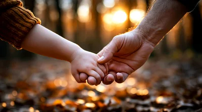 Adult Holding Hands With A Child In Autumn Forest
