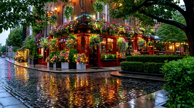 Cozy Irish Pub Exterior On A Rainy Cobblestone Street