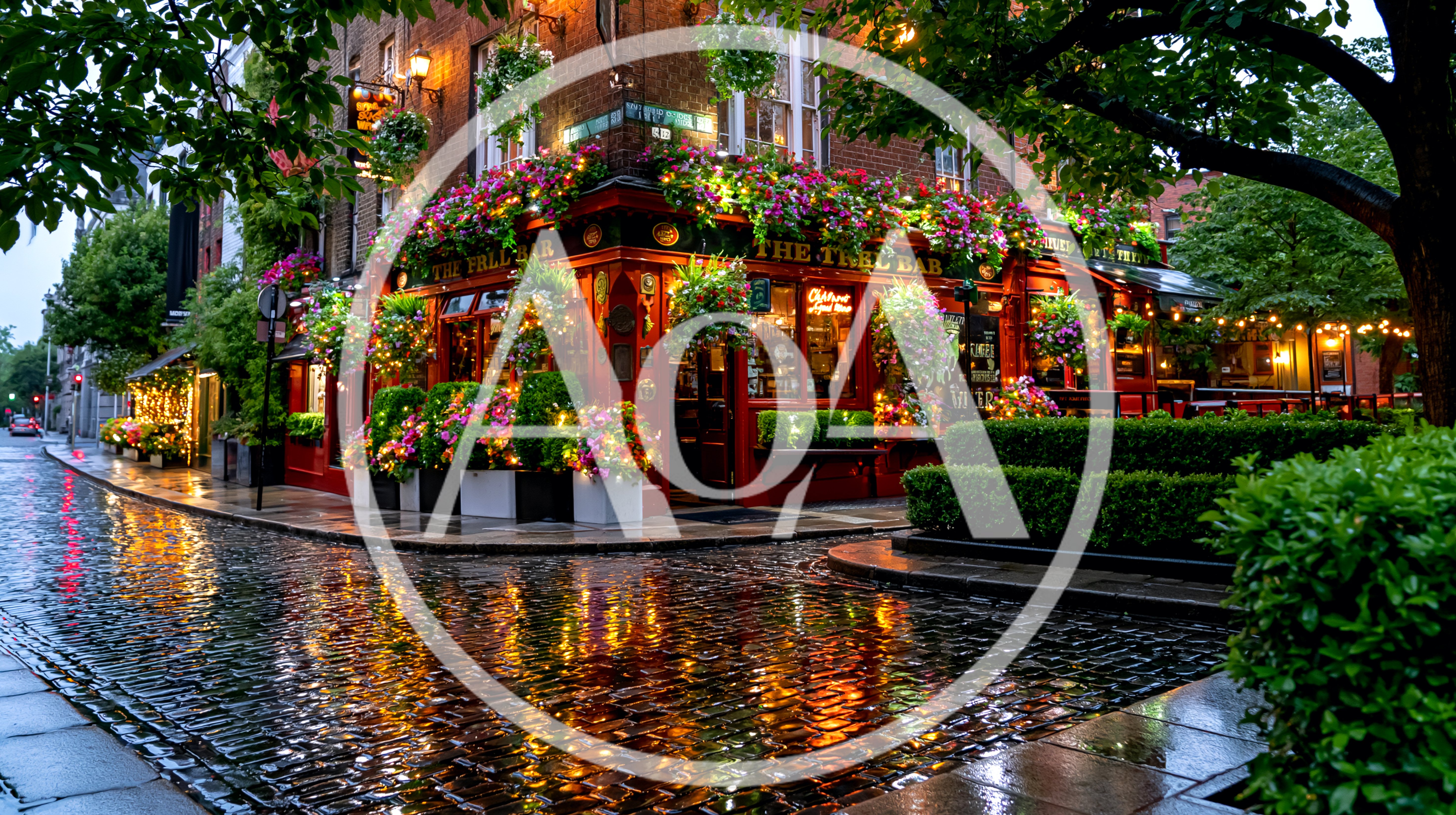 Cozy Irish Pub Exterior On A Rainy Cobblestone Street