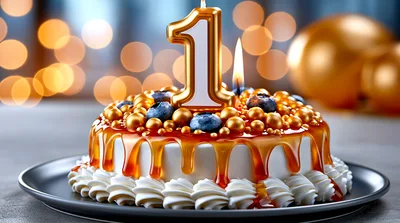 First Birthday Cake With Caramel Drip And Candle