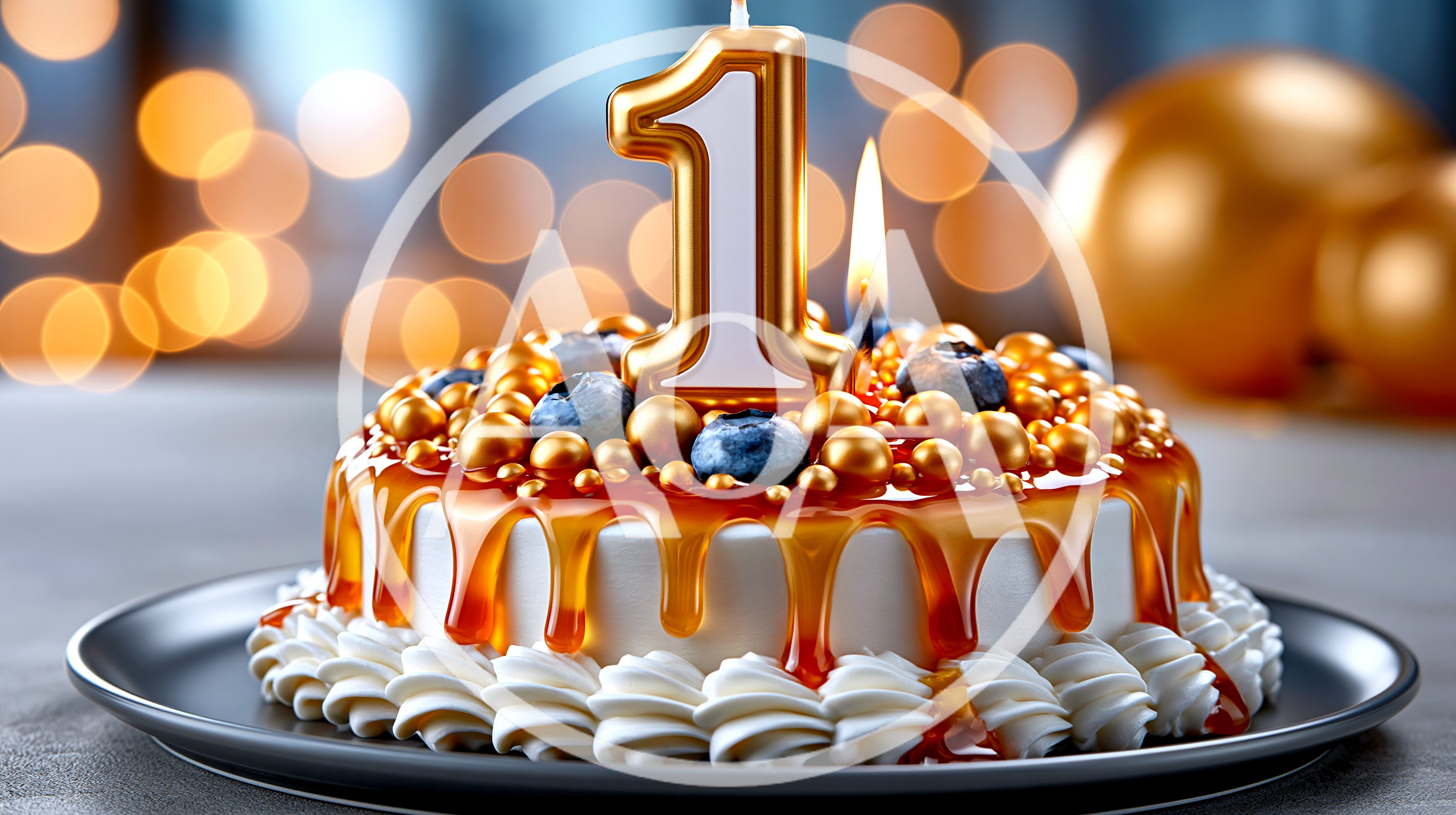 First Birthday Cake With Caramel Drip And Candle