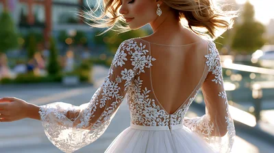 Bride Wearing Elegant Lace Wedding Dress Outdoors