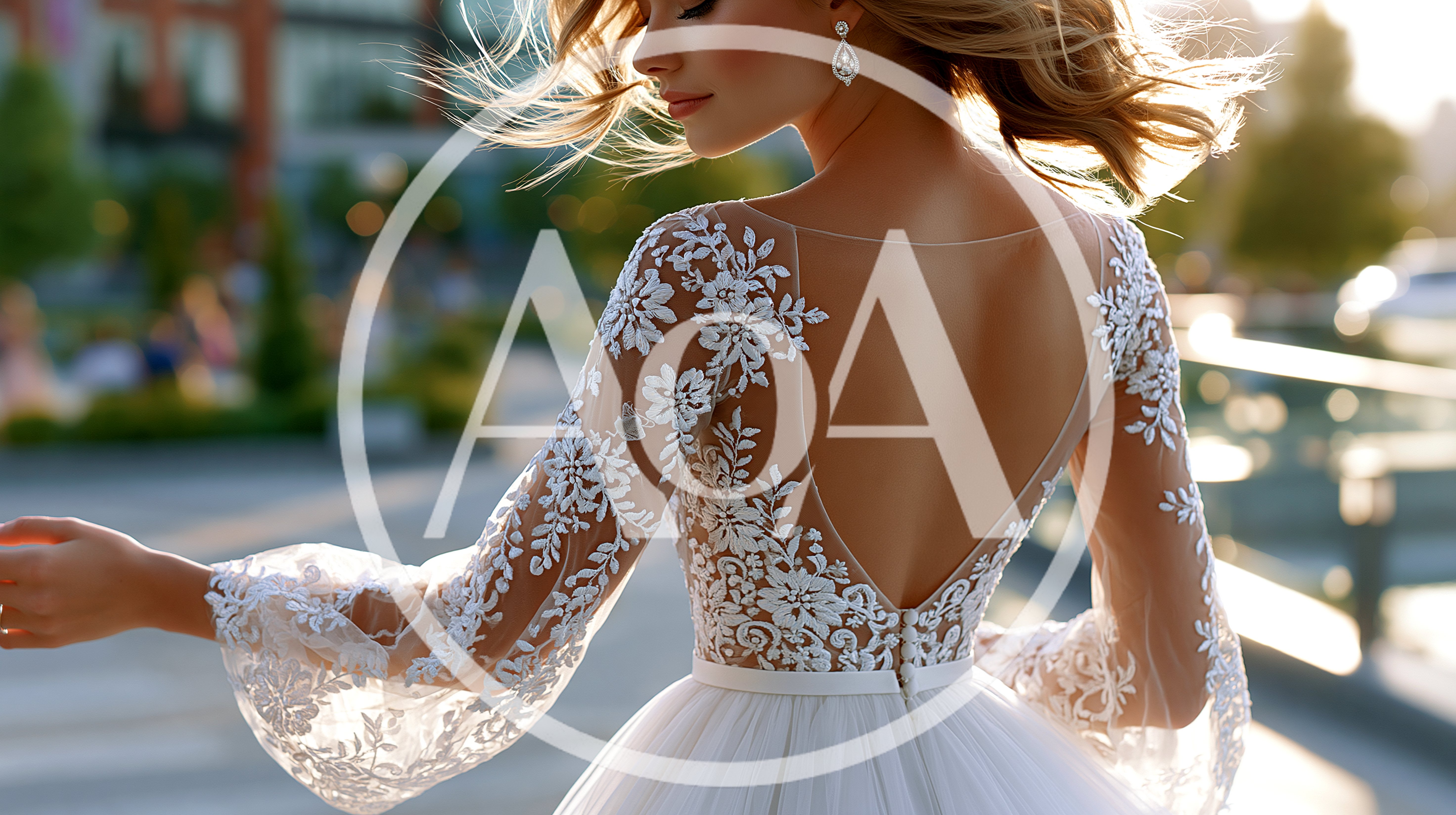 Bride Wearing Elegant Lace Wedding Dress Outdoors
