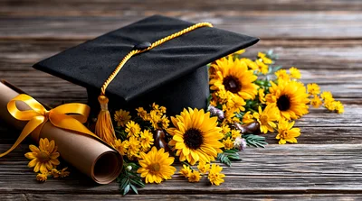 Graduation Cap And Diploma With Sunflowers On Wooden Table