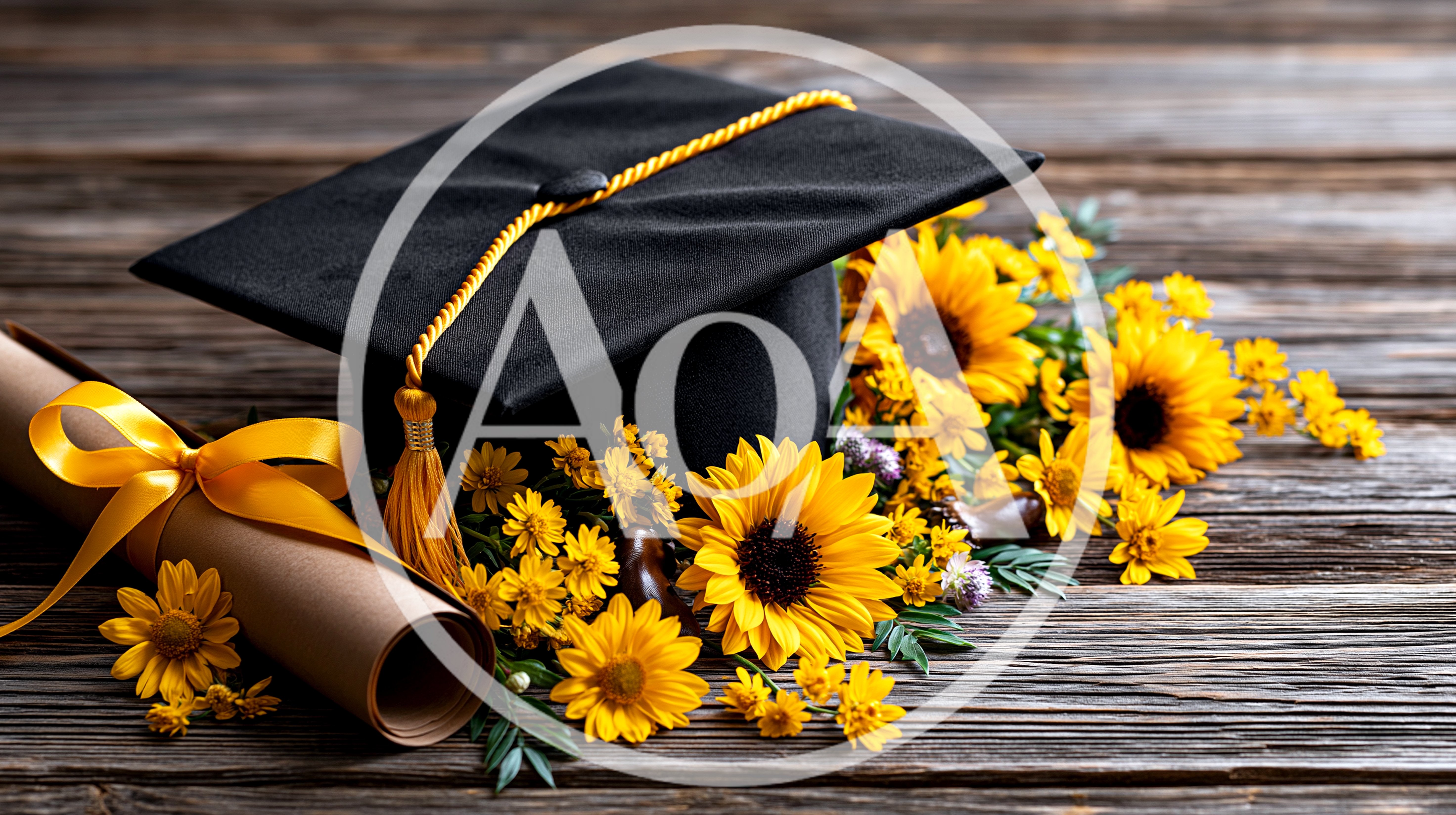 Graduation Cap And Diploma With Sunflowers On Wooden Table