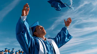 Graduating Student Celebrating By Throwing Cap Into Sky
