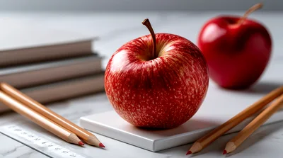 Red Apples With Pencils And Notebooks On Desk