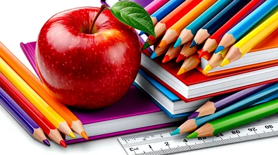 School Supplies With Red Apple And Books