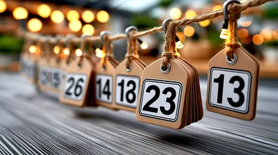 Advent Calendar Tags Hanging On String With Bokeh Lights
