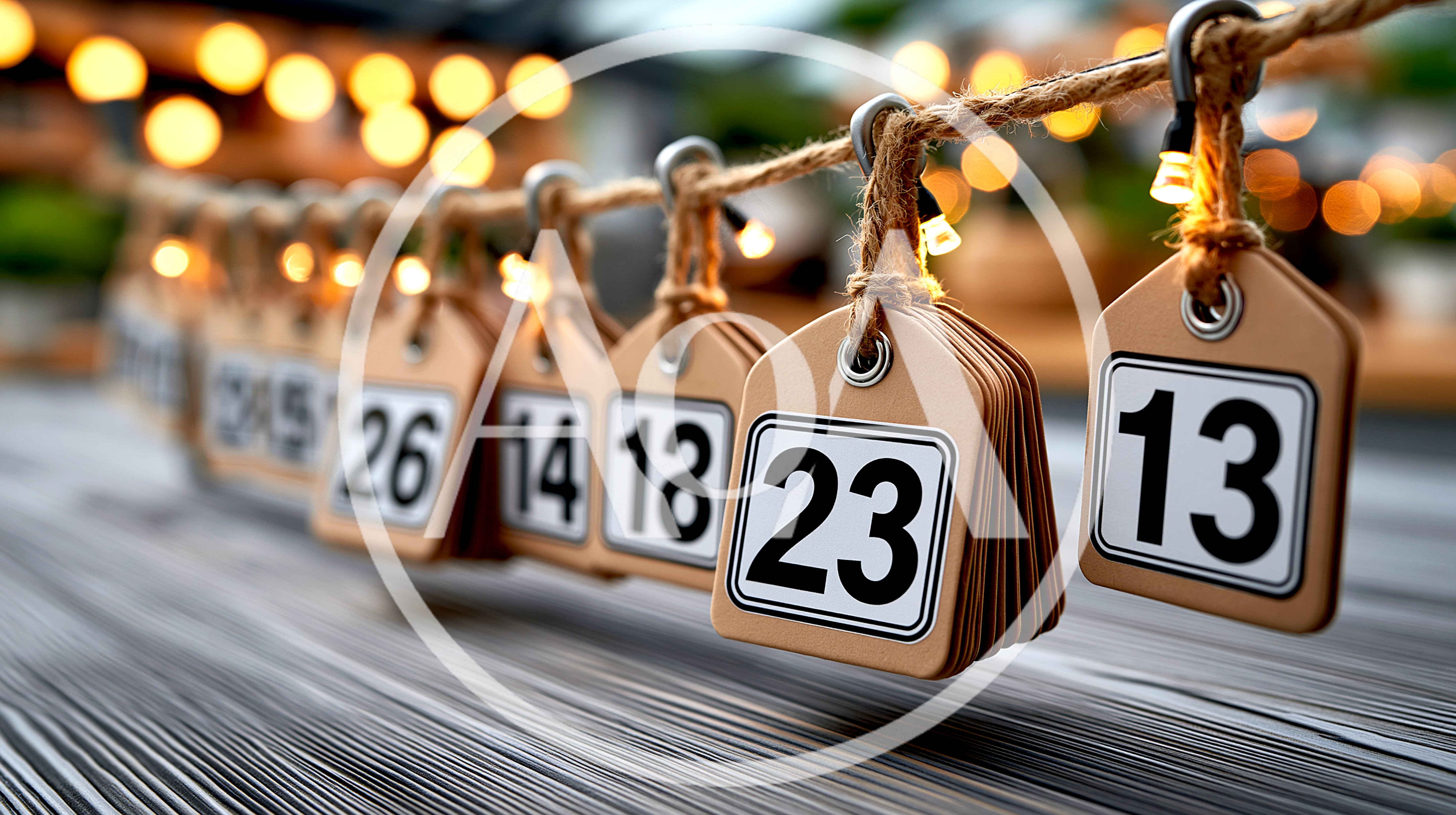 Advent Calendar Tags Hanging On String With Bokeh Lights