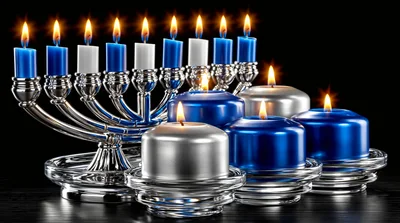 Hanukkah Menorah With Lit Candles And Decorative Pillars