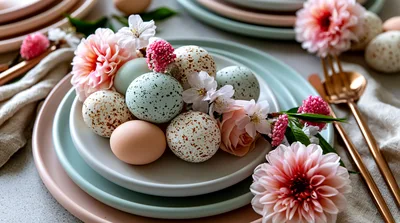 Easter Table Setting With Speckled Eggs And Flowers