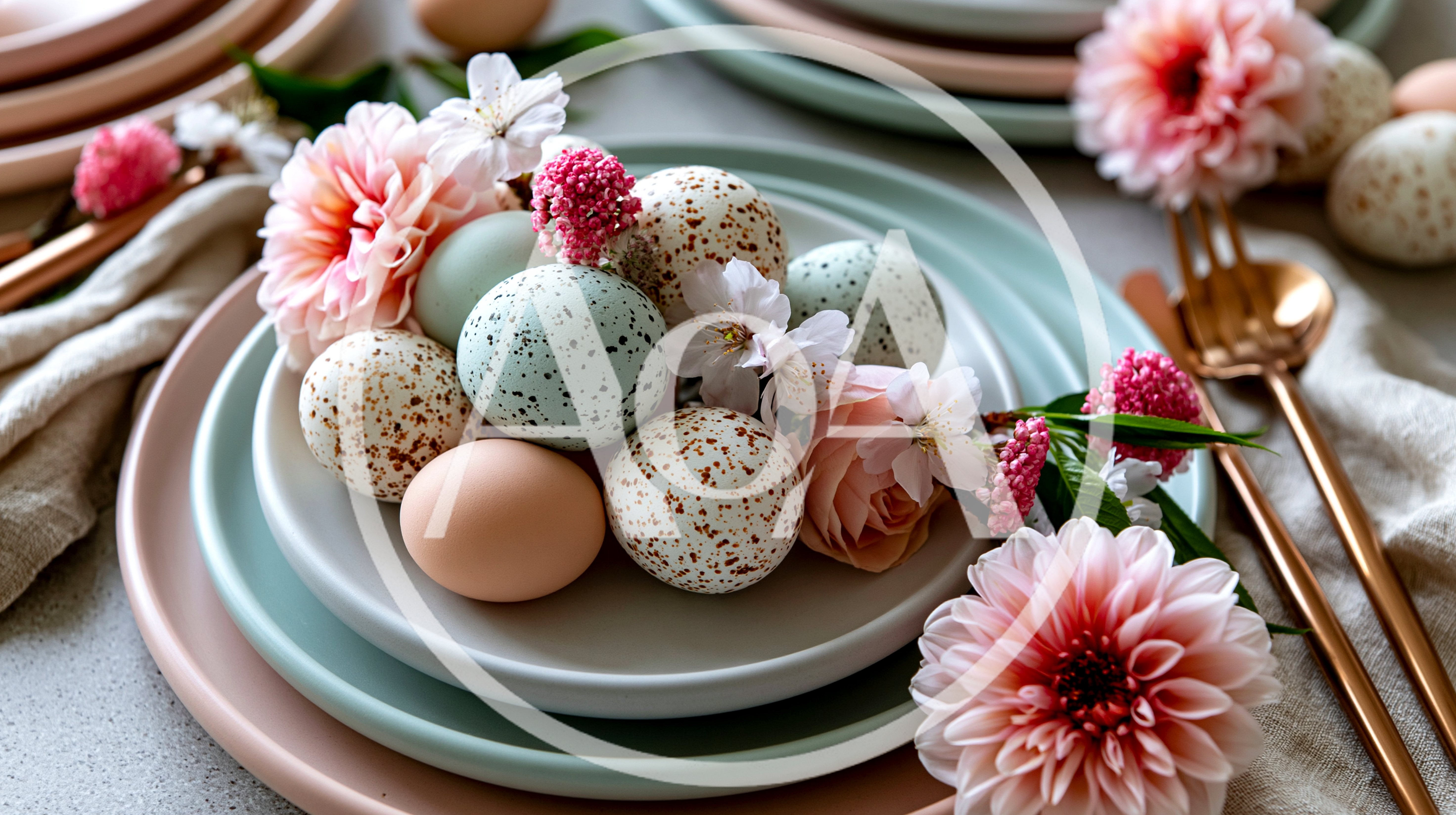 Easter Table Setting With Speckled Eggs And Flowers
