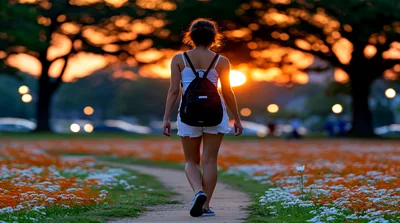 Young Woman Walking Through A Flower Field At Sunset