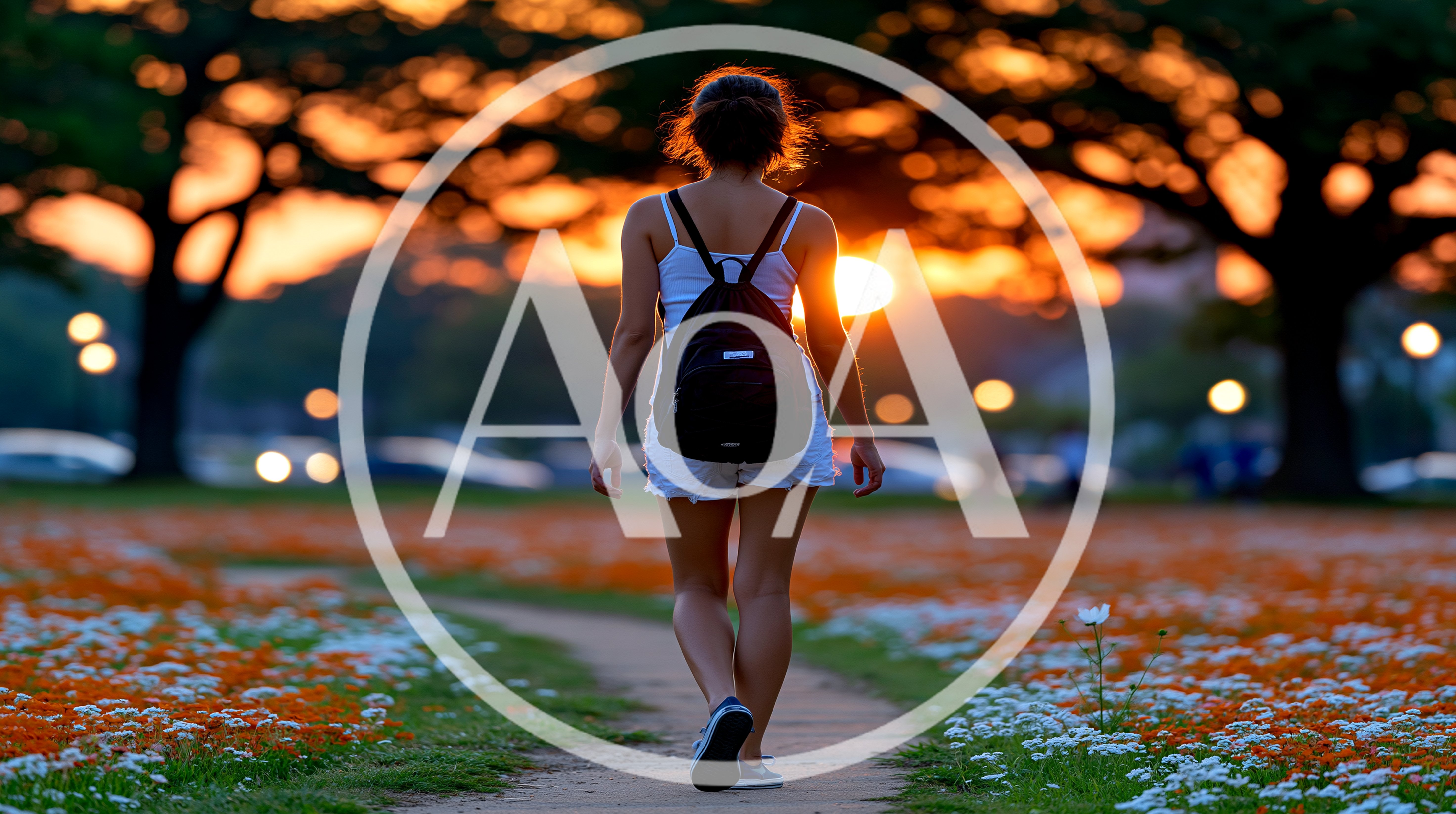 Young Woman Walking Through A Flower Field At Sunset