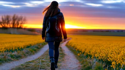 Woman Walking Along A Path Through A Yellow Field