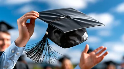 Graduates Celebrating By Throwing Caps Into The Sky