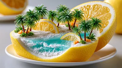Surreal Tropical Island Landscape Inside A Sliced Lemon