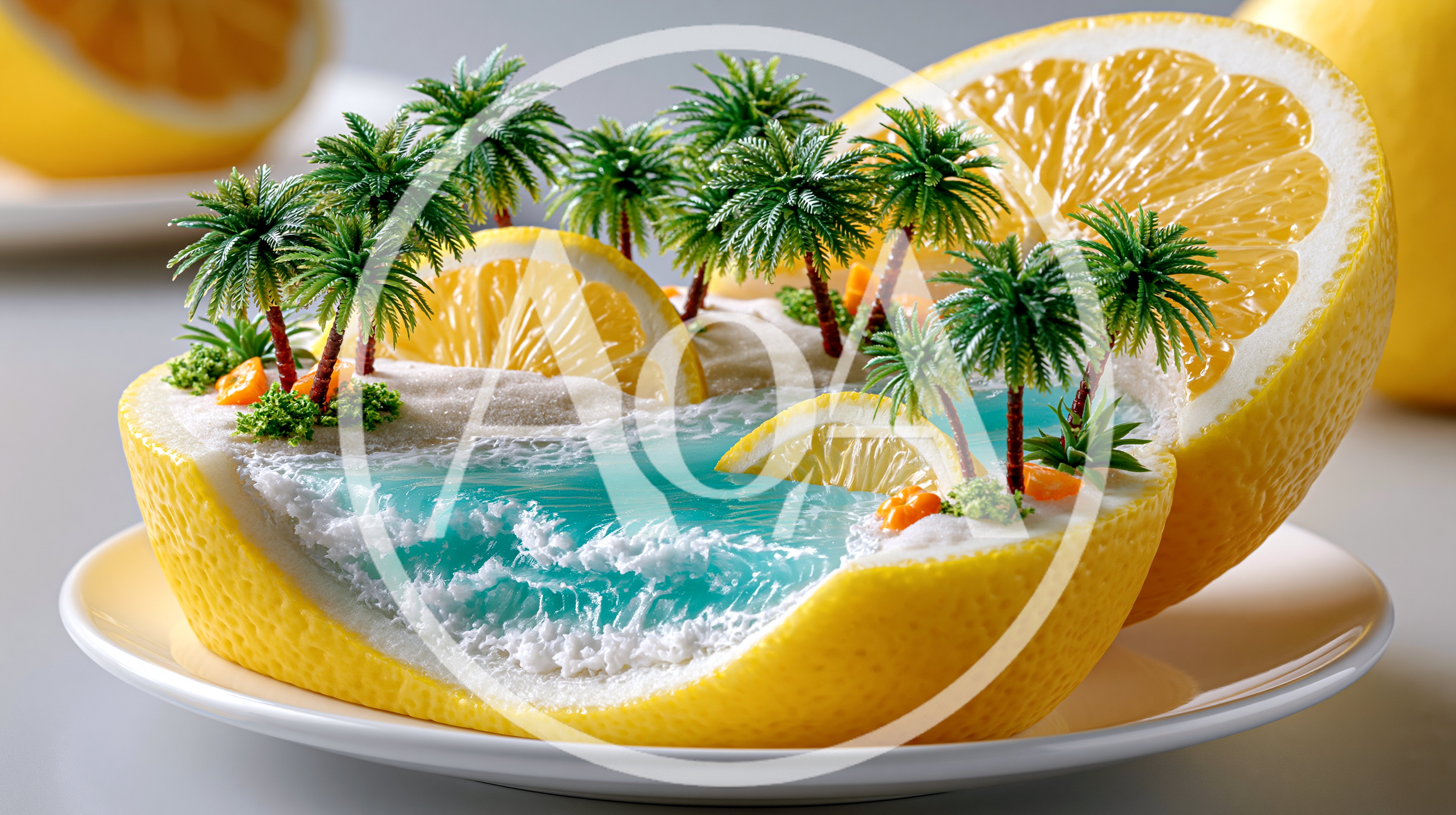 Surreal Tropical Island Landscape Inside A Sliced Lemon