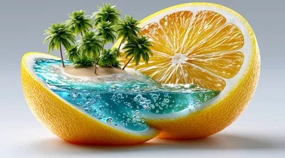 Surreal Tropical Island Inside A Sliced Orange